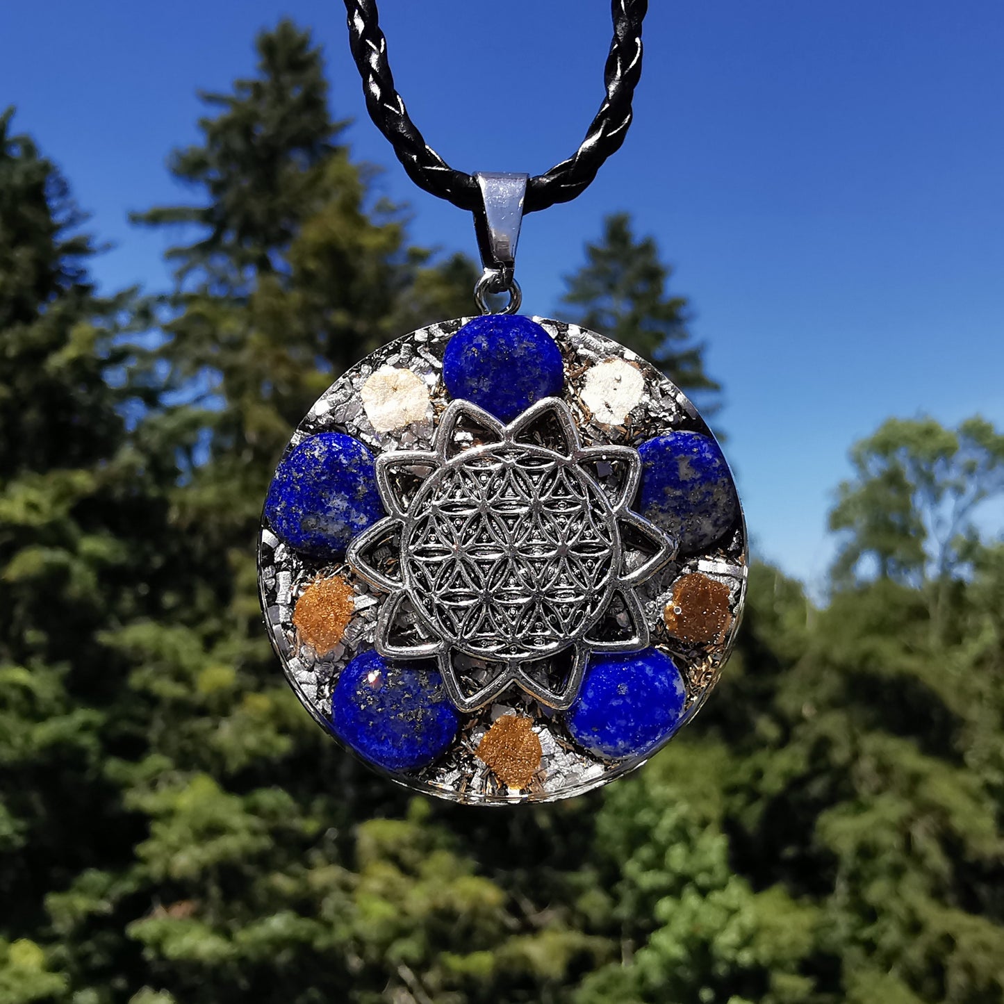 Grosser Orgone Anhänger WAHRHEIT mit LAPISLAZULI Lebensblume silber