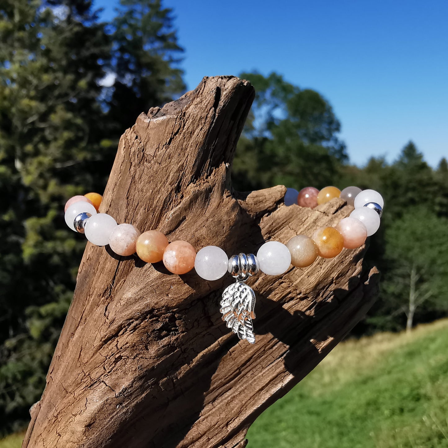 Heilstein Armband BEWUSST SEIN Mondstein Engelsflügel S925 6mm