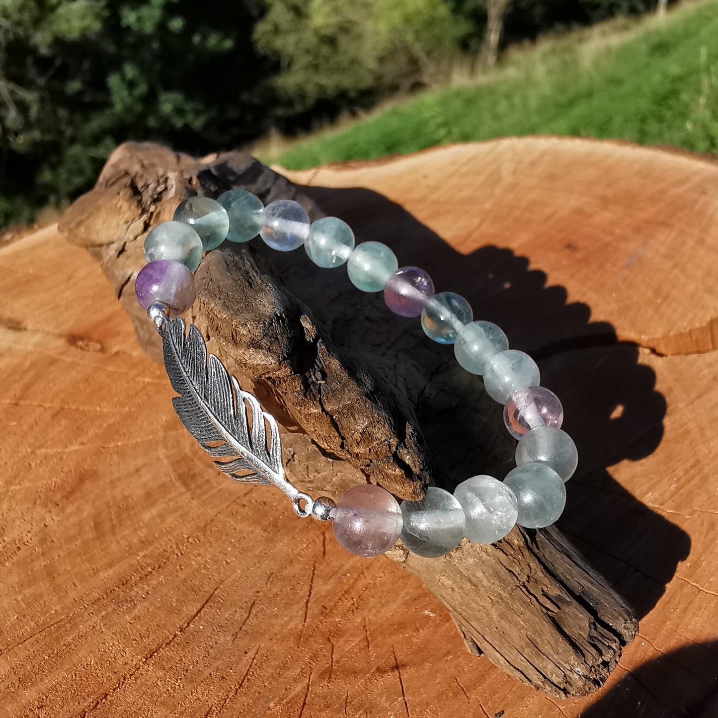 Heilstein Armband FREIHEIT mit Fluorit Extraqualität 8mm Kugel S925 Feder