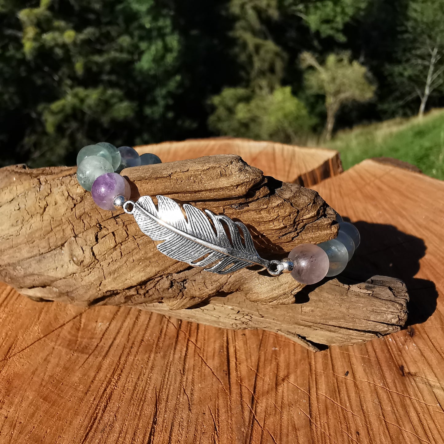 Heilstein Armband FREIHEIT mit Fluorit Extraqualität 8mm Kugel S925 Feder