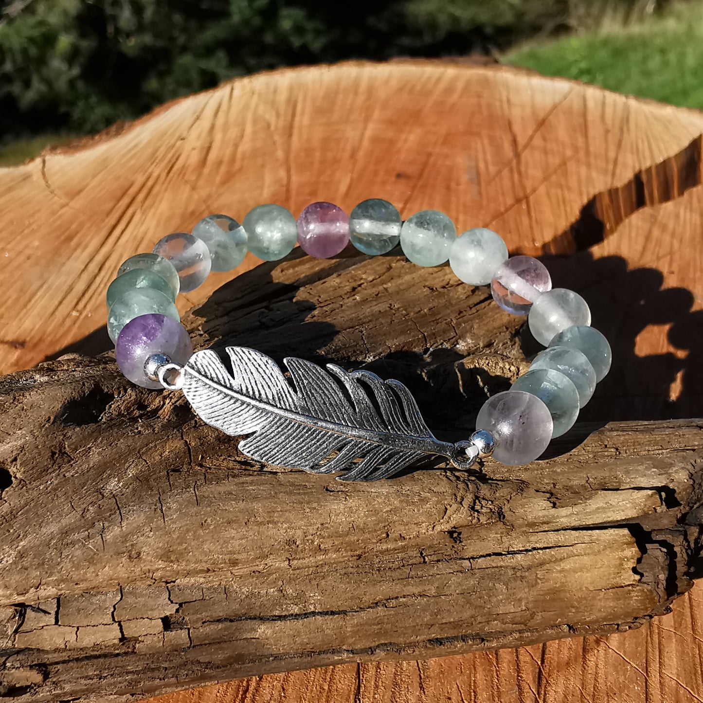 Heilstein Armband FREIHEIT mit Fluorit Extraqualität 8mm Kugel S925 Feder