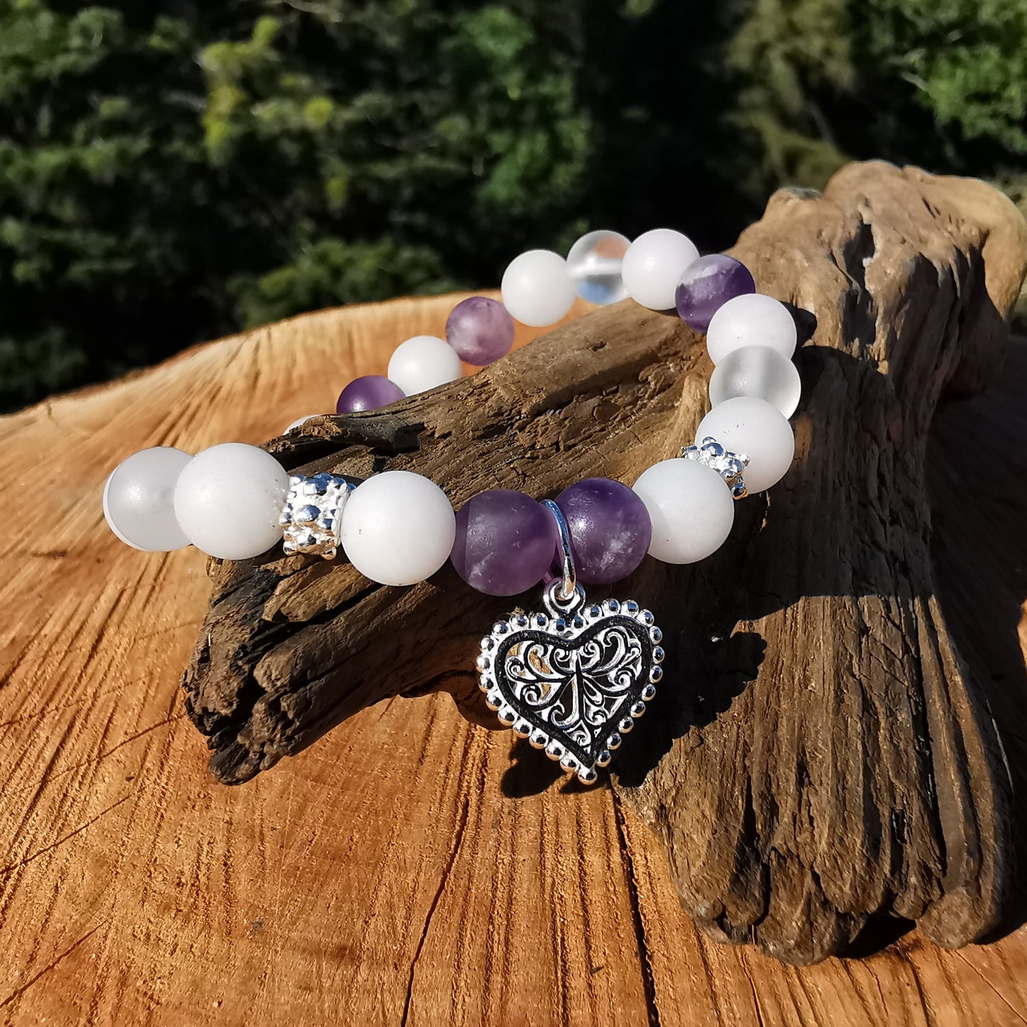 Heilstein Armband HARMONIE & INNERER FRIEDEN Amethyst Bergkristall Rosenquarz Herz Charm 8mm Kugeln