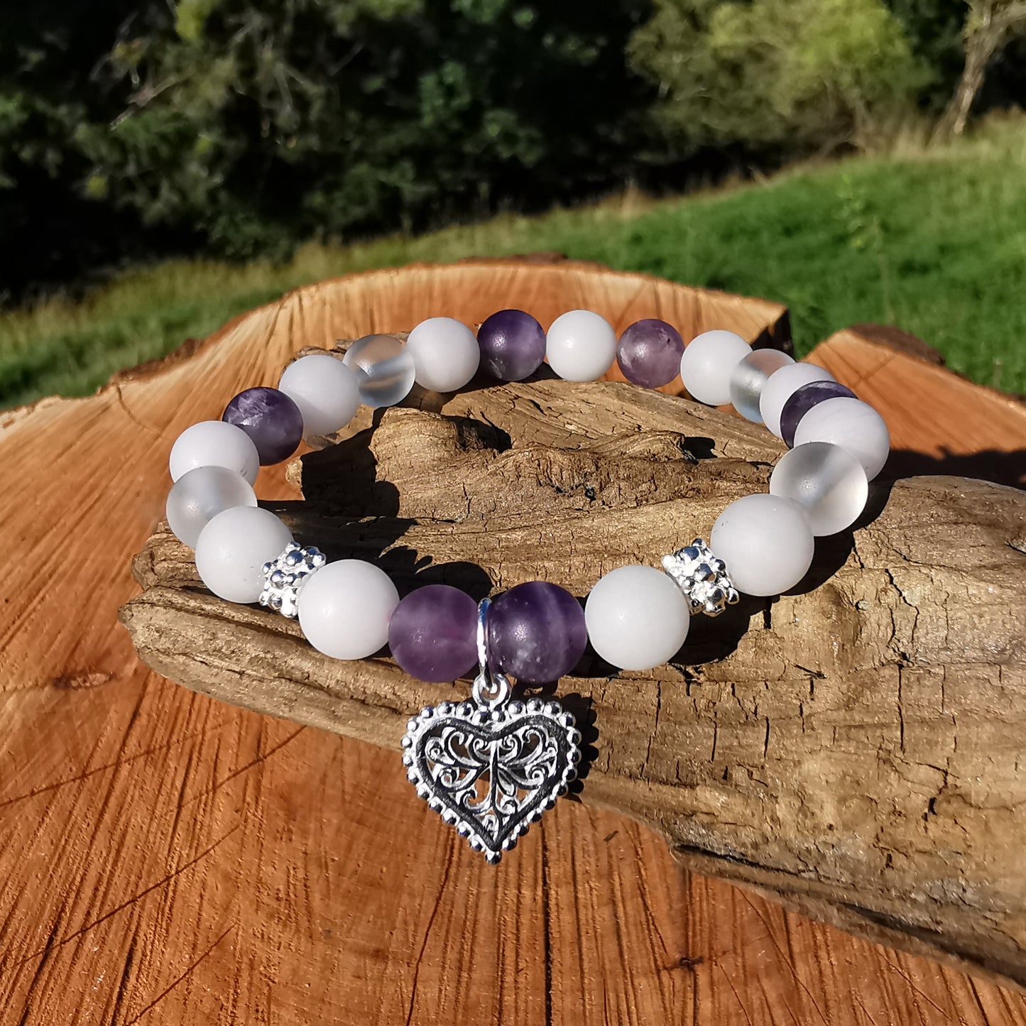 Heilstein Armband HARMONIE & INNERER FRIEDEN Amethyst Bergkristall Rosenquarz Herz Charm 8mm Kugeln