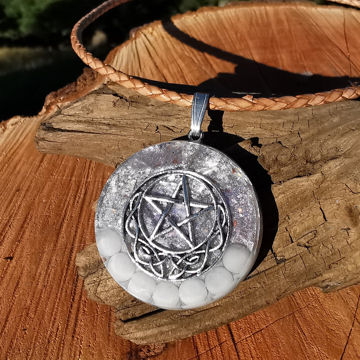 Grosser Orgone Anhänger WANDLUNG & BEFREIUNG mit LEPIDOLITH und BARYT Pentagramm S925 Bail