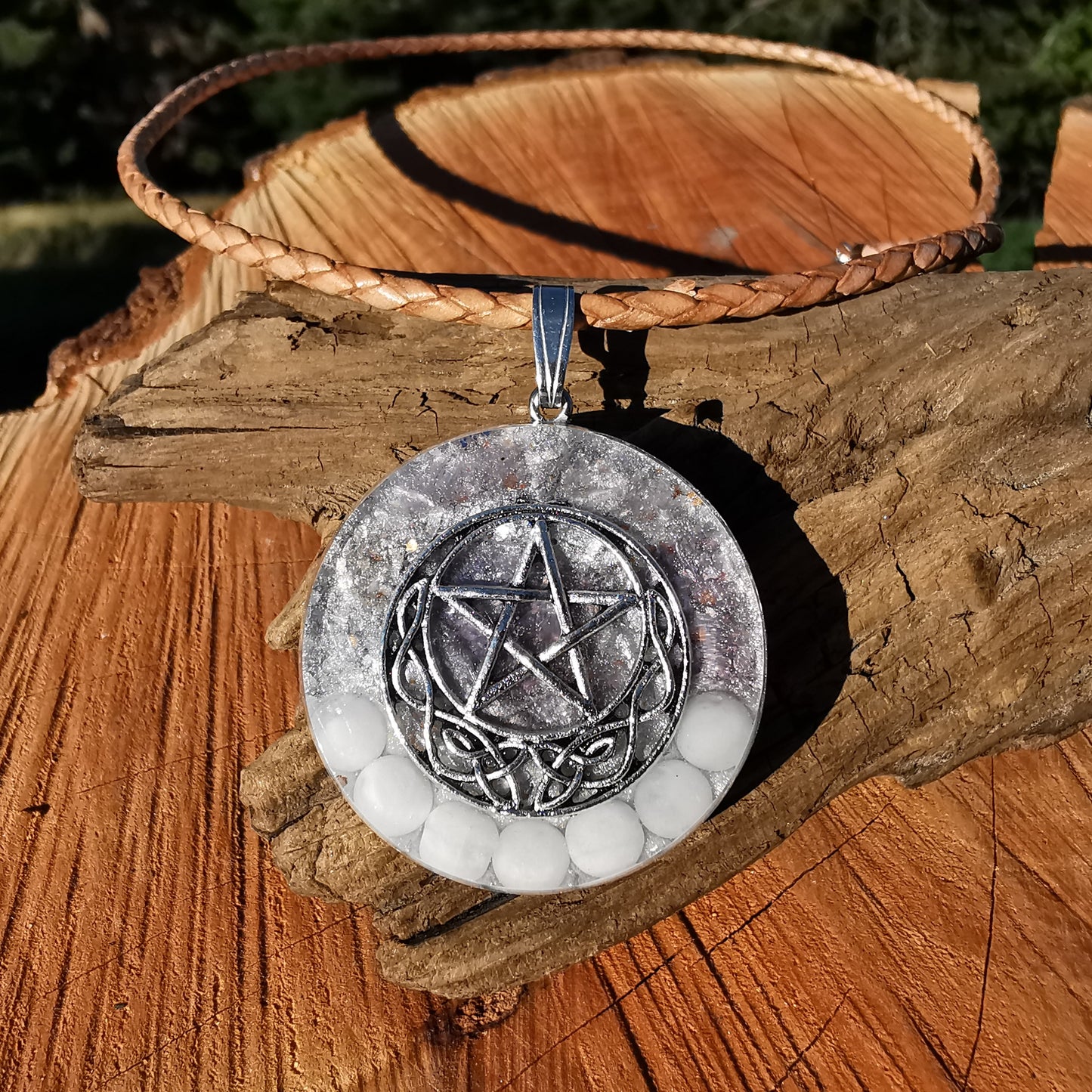 Grosser Orgone Anhänger WANDLUNG & BEFREIUNG mit LEPIDOLITH und BARYT Pentagramm S925 Bail
