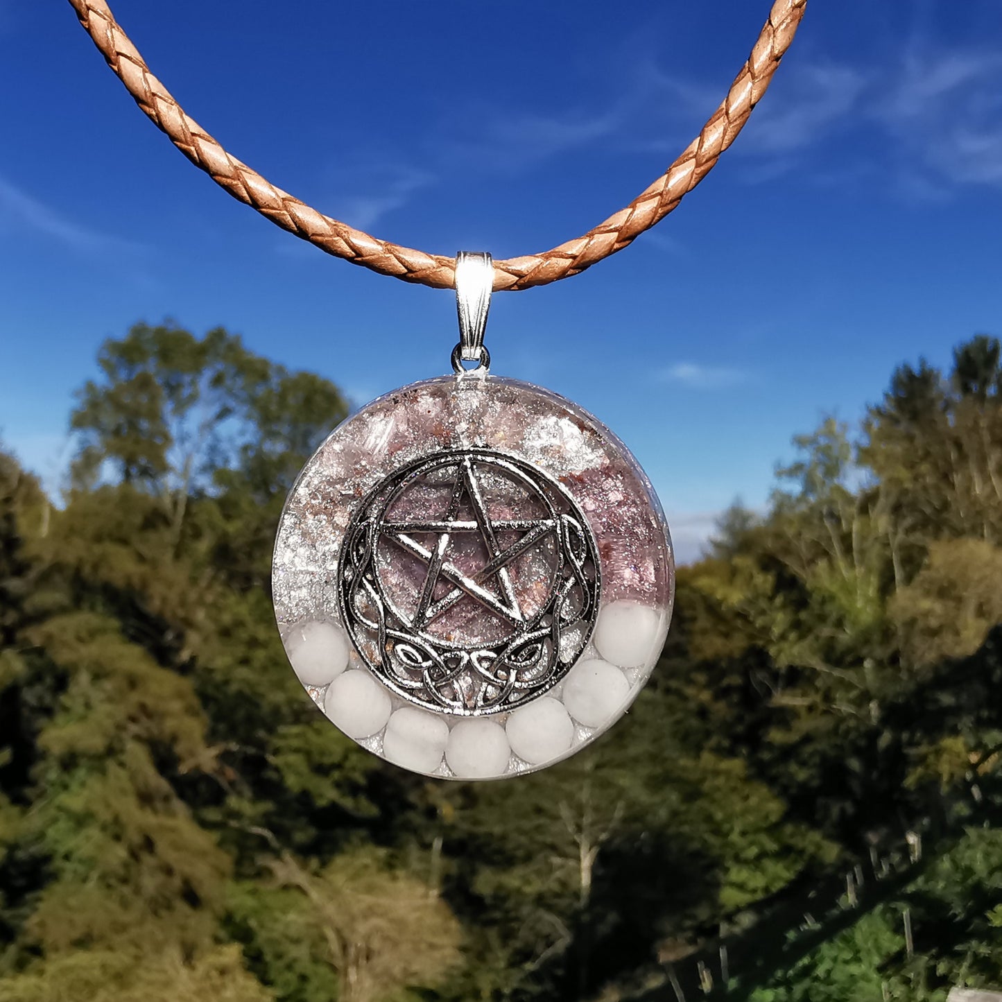 Grosser Orgone Anhänger WANDLUNG & BEFREIUNG mit LEPIDOLITH und BARYT Pentagramm S925 Bail