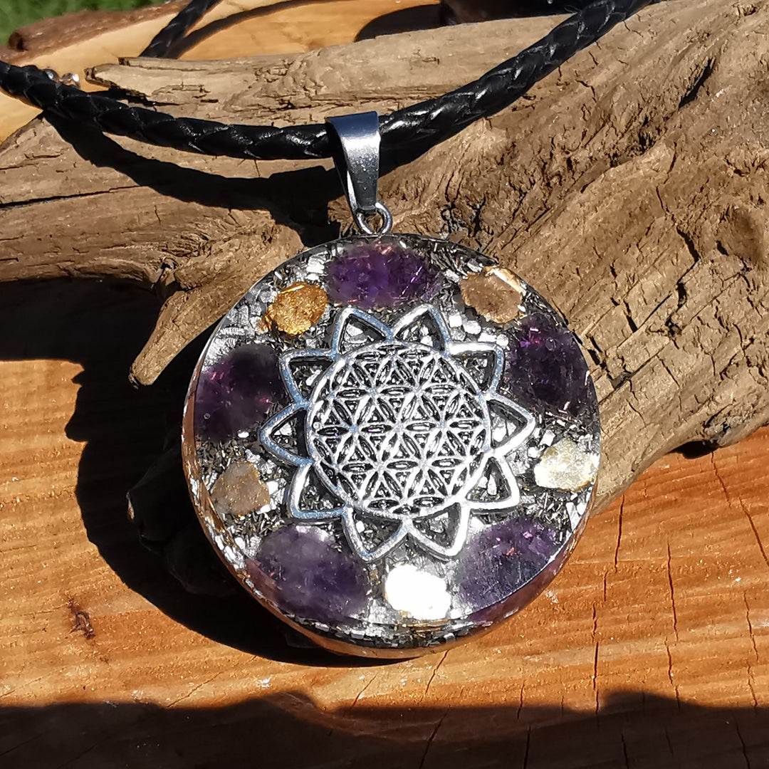 Orgone Anhänger gross TRANSFORMATION mit AMETHYST Lebensblume silber