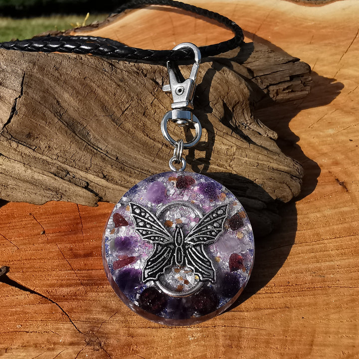 Orgone Anhänger gross TRANSFORMATION Amethyst & Granat mit Karabiner