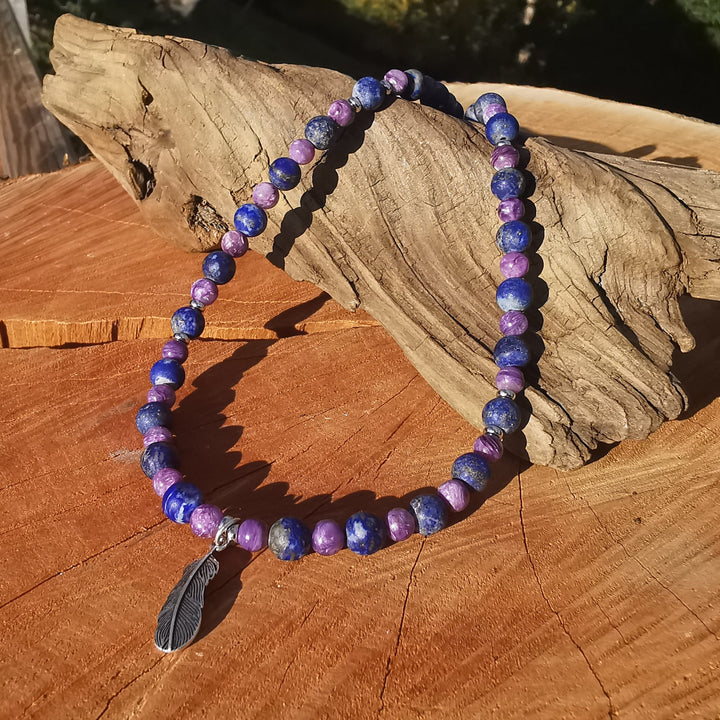 Edelsteinkette GELASSENHEIT BEDINGUNGSLOSE LIEBE WAHRHEIT Charoit & Lapislazuli Extraqualität 5-6mm Kugeln S925 Feder