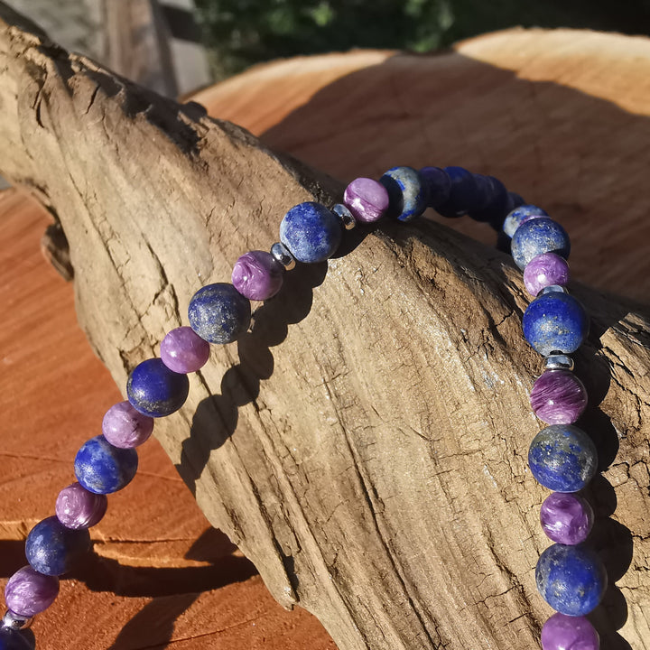 Edelsteinkette GELASSENHEIT BEDINGUNGSLOSE LIEBE WAHRHEIT Charoit & Lapislazuli Extraqualität 5-6mm Kugeln S925 Feder