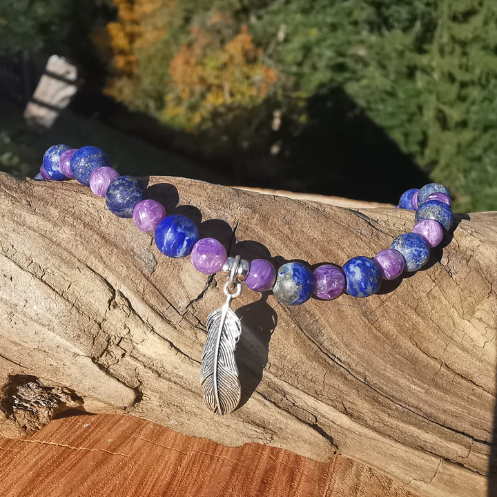 Edelsteinkette GELASSENHEIT BEDINGUNGSLOSE LIEBE WAHRHEIT Charoit & Lapislazuli Extraqualität 5-6mm Kugeln S925 Feder