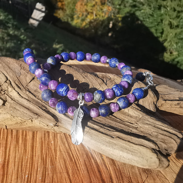 Edelsteinkette GELASSENHEIT BEDINGUNGSLOSE LIEBE WAHRHEIT Charoit & Lapislazuli Extraqualität 5-6mm Kugeln S925 Feder