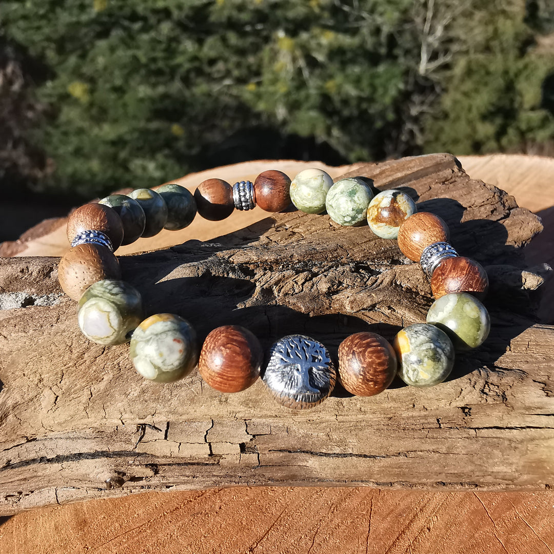 Edelstein Frauen Armband HIER & JETZT Regenwald Jaspis Rhyolith Sesamholz S925 Lebensbaum 8mm