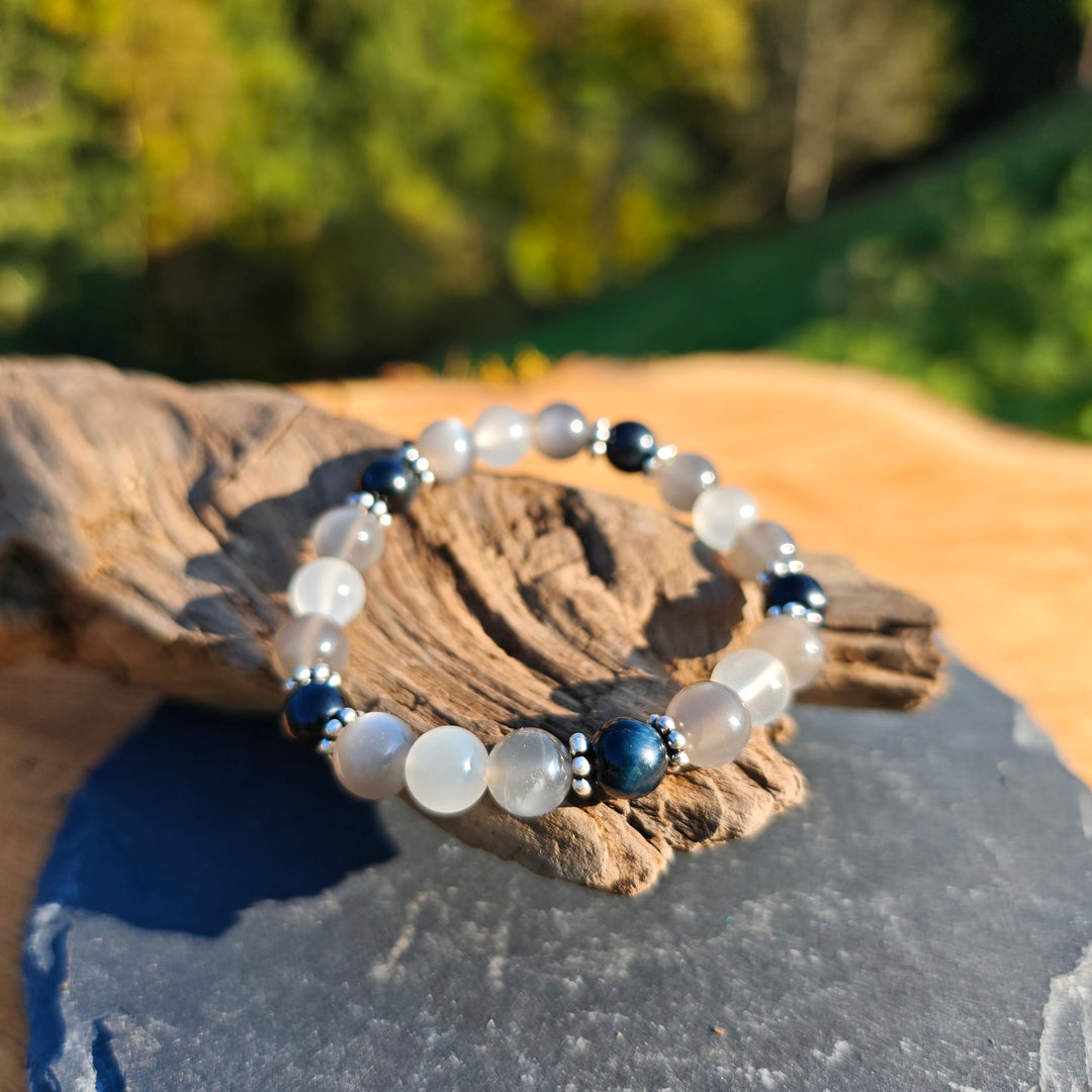 Edelstein Armband BEWUSST SEIN & WEITBLICK Mondstein Falkenauge S925 8mm