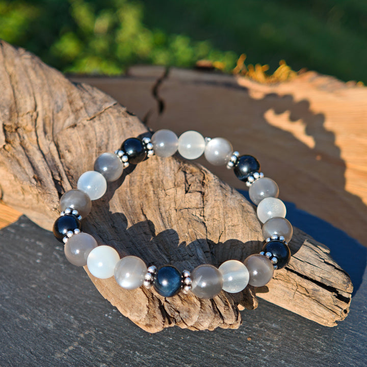 Edelstein Armband BEWUSST SEIN & WEITBLICK Mondstein Falkenauge S925 8mm