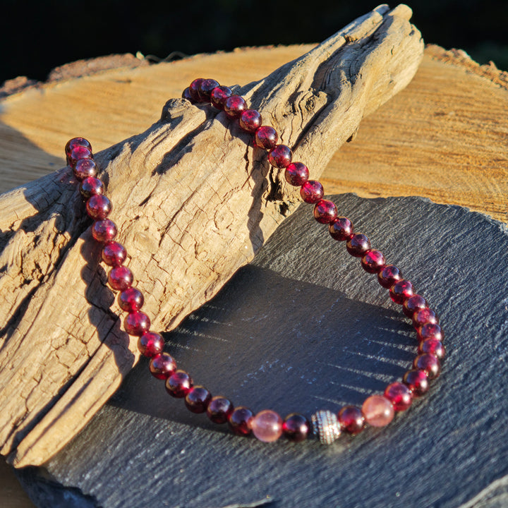 Edelsteinkette WIDERSTANDS- & LICHTKRAFT Granat Red Healer Erdbeerquarz 6mm Kugel S925