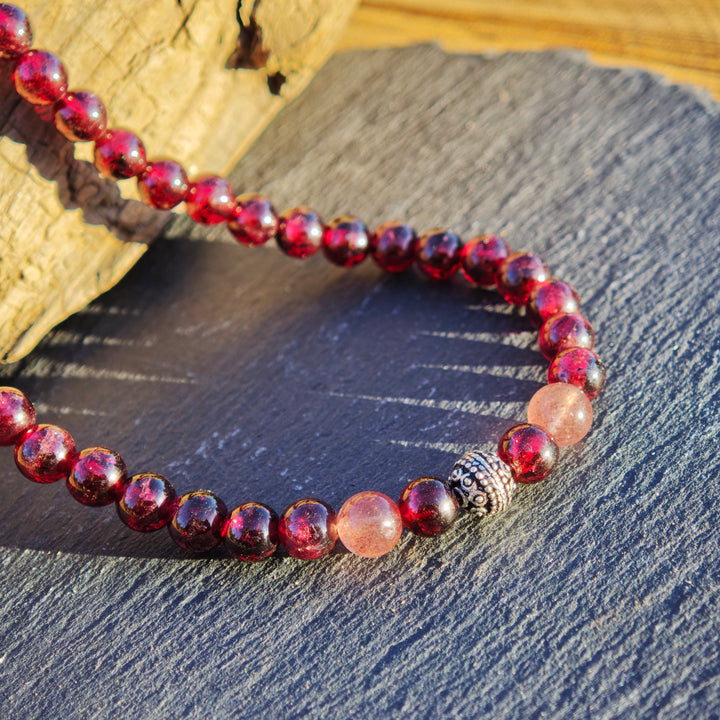 Edelsteinkette WIDERSTANDS- & LICHTKRAFT Granat Red Healer Erdbeerquarz 6mm Kugel S925