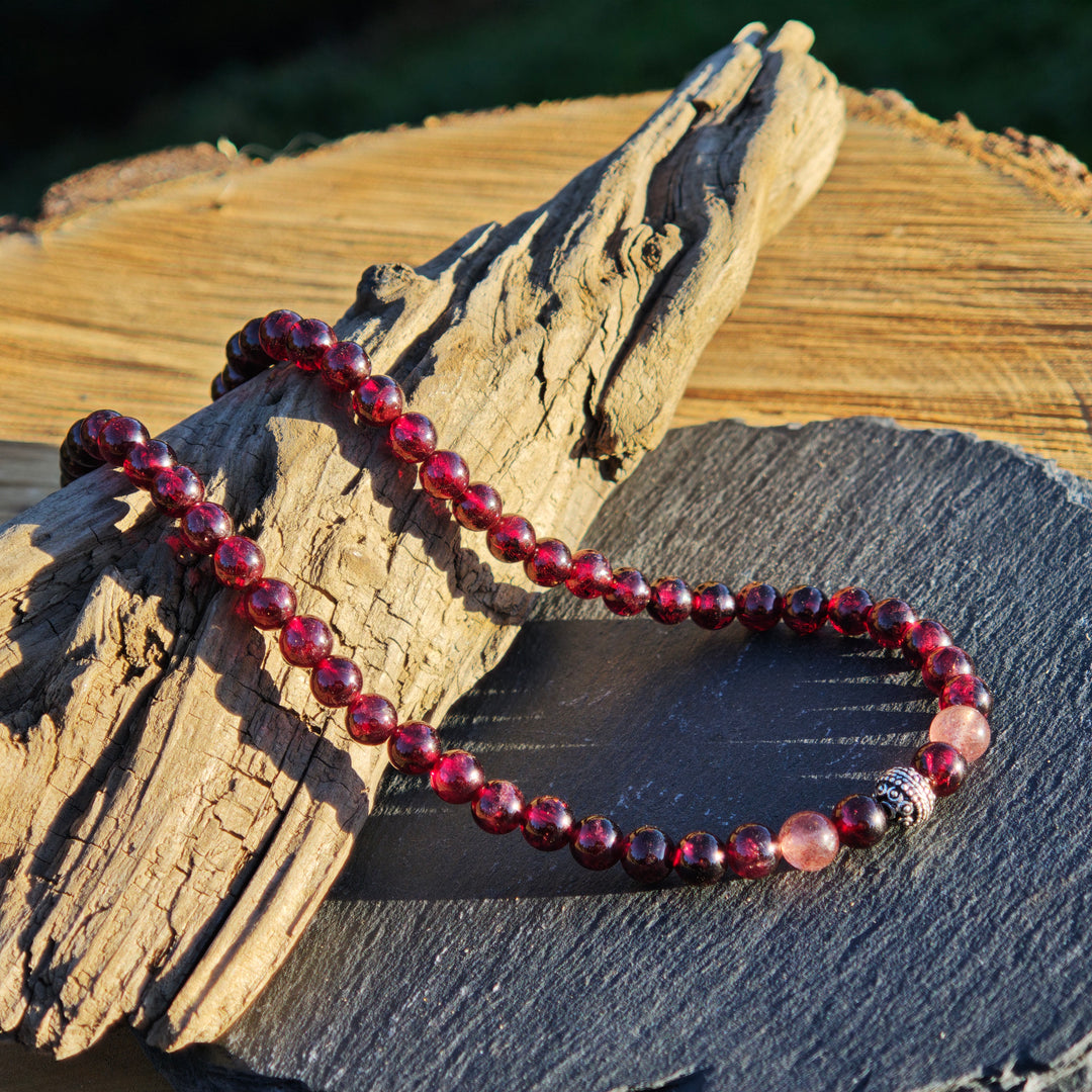 Edelsteinkette WIDERSTANDS- & LICHTKRAFT Granat Red Healer Erdbeerquarz 6mm Kugel S925