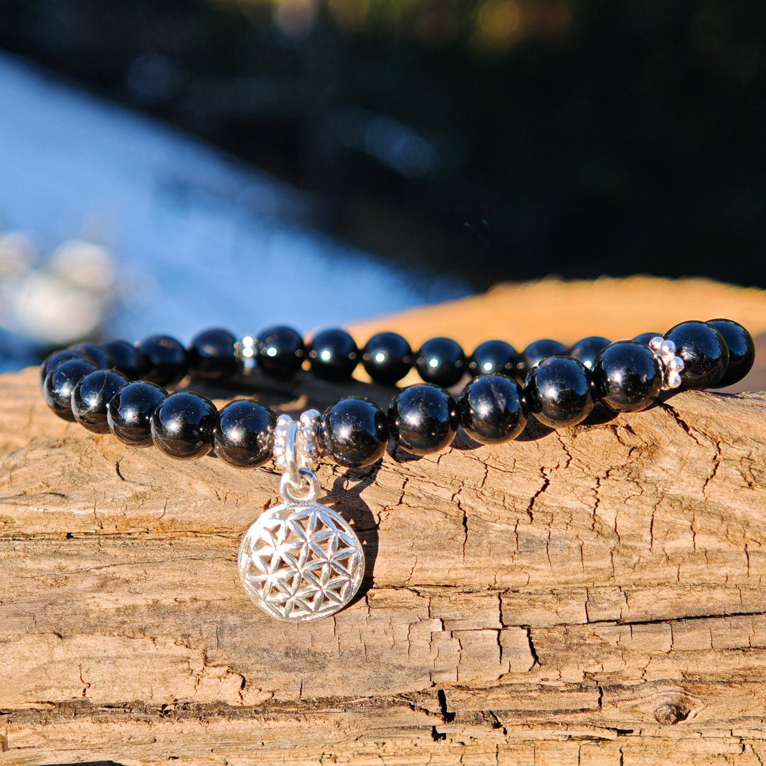 Edelstein Armband ENERGETISCHER SCHUTZ Schwarzer Turmalin 6mm S925 Lebensblume