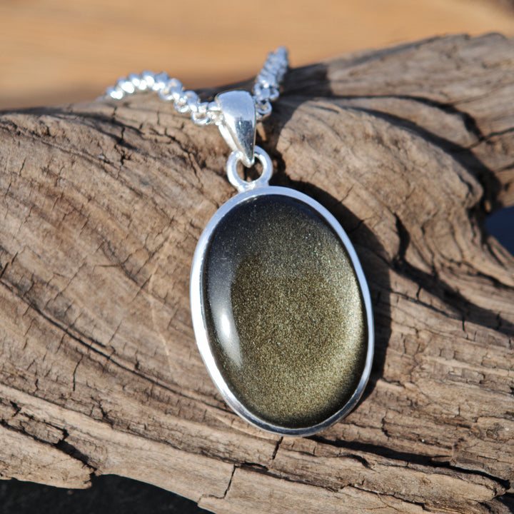 Goldschimmer Obsidian oval Anhänger gefasst in Silber 925