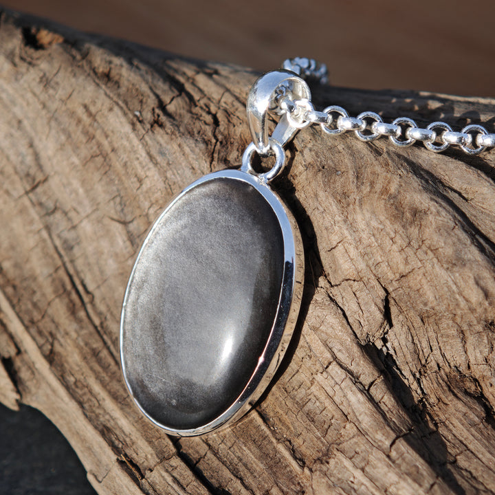 Silberschimmer Obsidian oval Anhänger gefasst in Silber 925