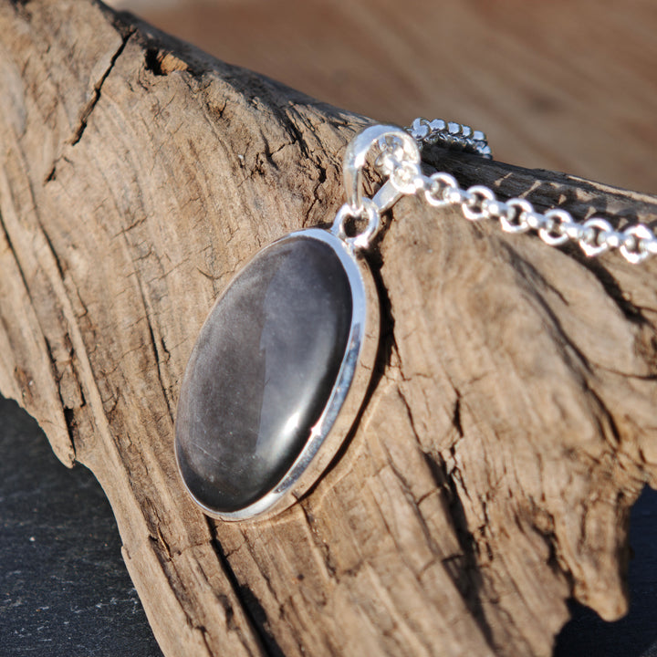 Silberschimmer Obsidian oval Anhänger gefasst in Silber 925