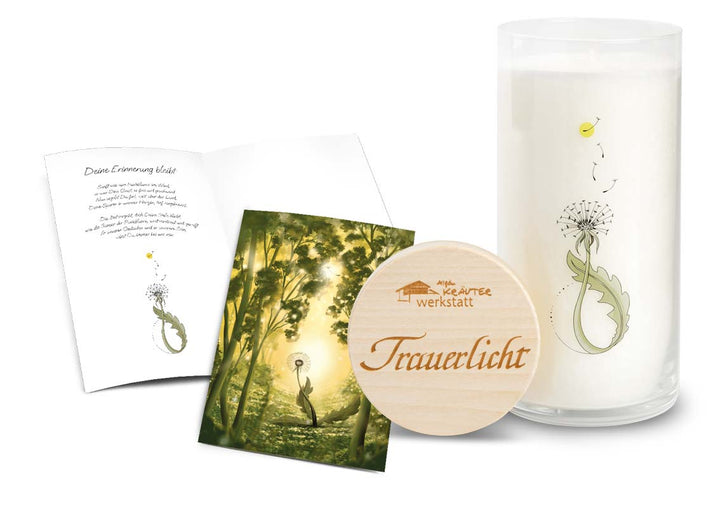 TRAUERLICHT MIT KARTE - FEDER - Die Erinnerung bleibt - Allgäuer Heilkräuter Kerze