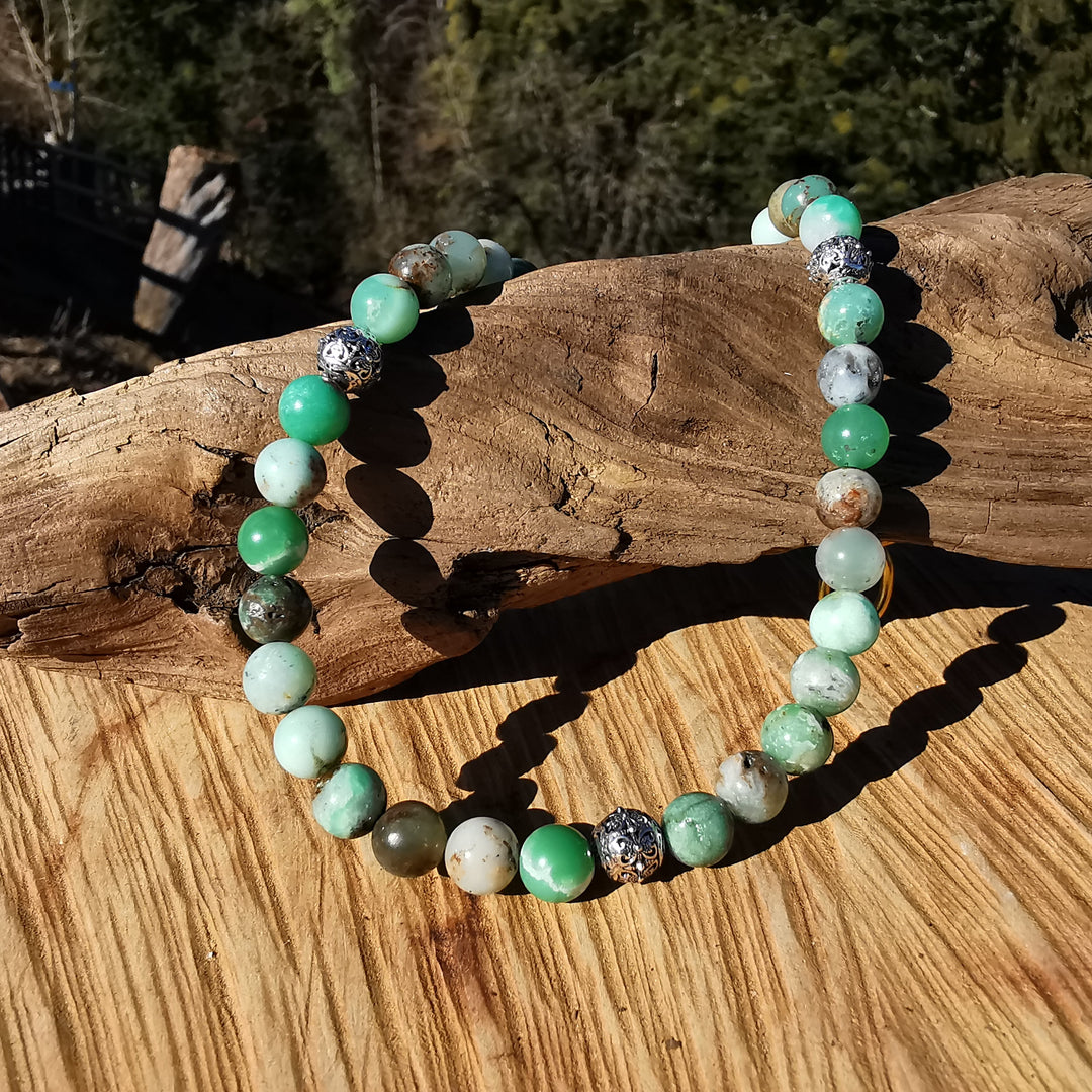 Edelsteinkette SELBST AKZEPTANZ mit Chrysopras und S925 Kugeln 8mm