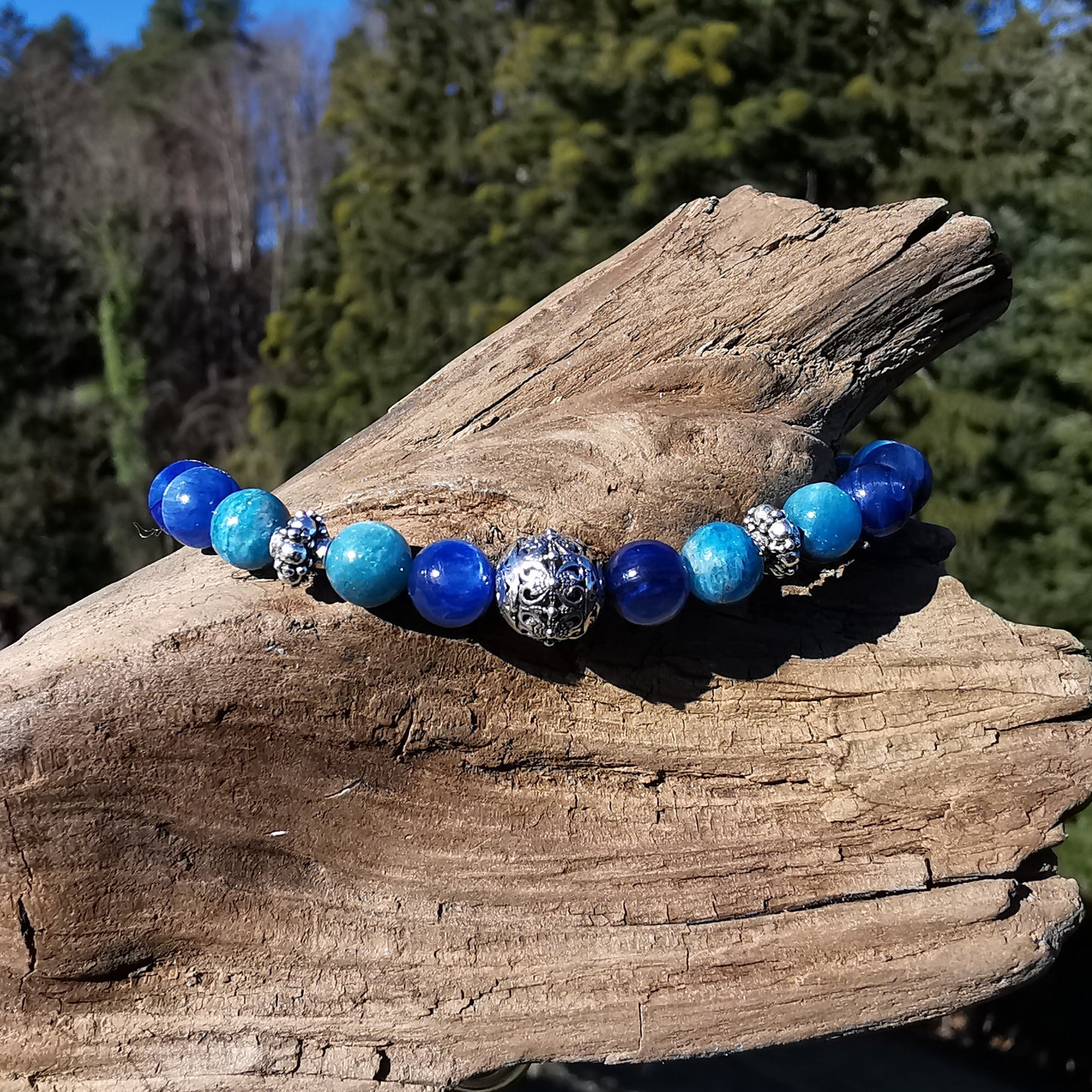 Heilstein Armband INNERE STÄRKE Kyanit Apatit 6mm Kugeln S925 Kugel