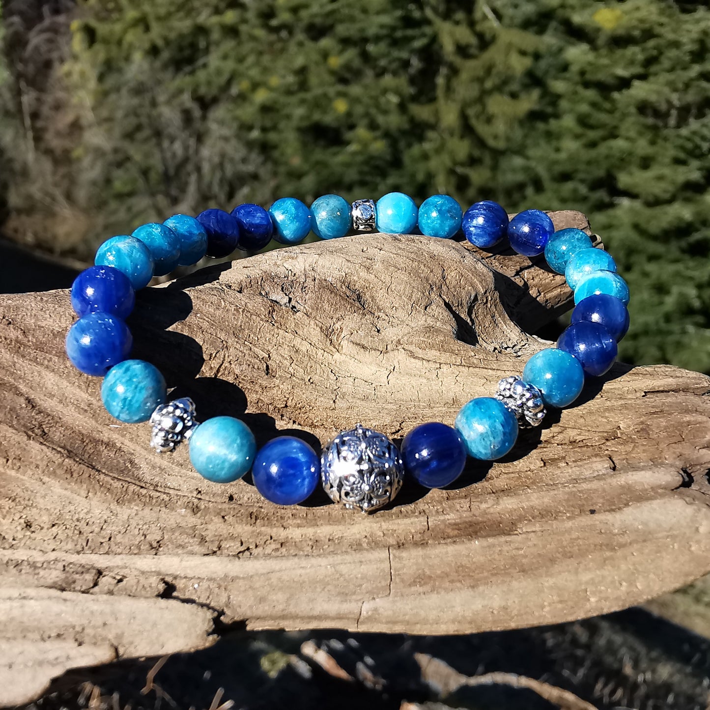 Heilstein Armband INNERE STÄRKE Kyanit Apatit 6mm Kugeln S925 Kugel