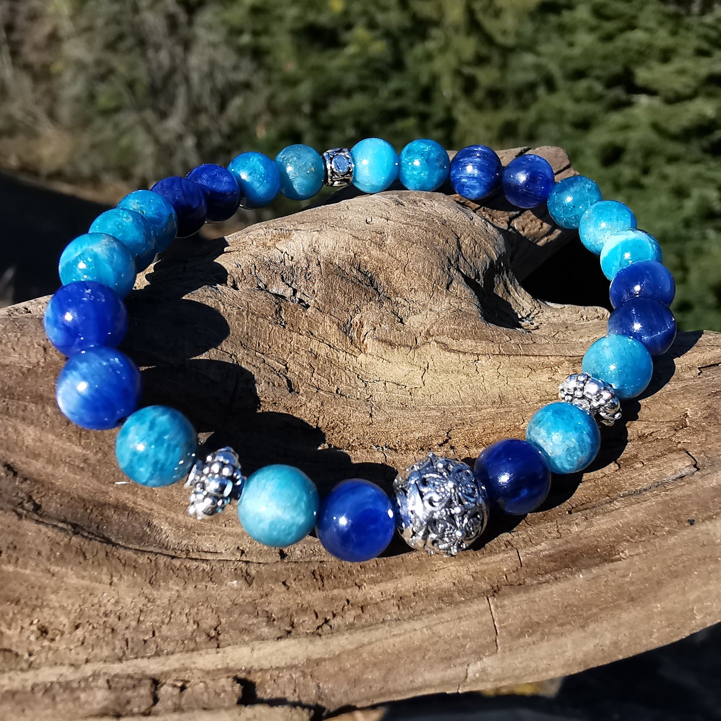 Heilstein Armband INNERE STÄRKE Kyanit Apatit 6mm Kugeln S925 Kugel