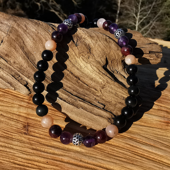 Edelsteinkette ZUFRIEDENHEIT mit Regenbogenobsidian Sonnenstein Granat & Amethyst 6mm Kugeln S925