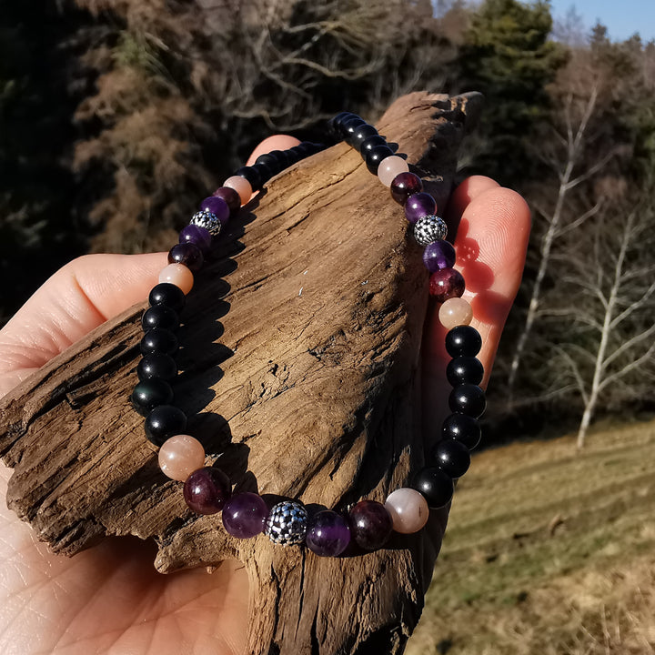 Edelsteinkette ZUFRIEDENHEIT mit Regenbogenobsidian Sonnenstein Granat & Amethyst 6mm Kugeln S925