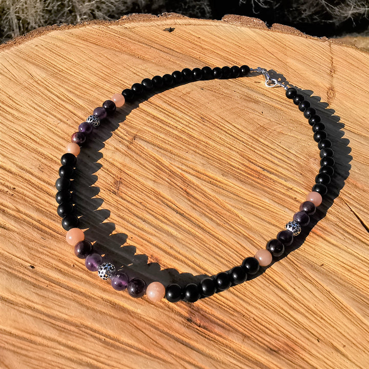 Edelsteinkette ZUFRIEDENHEIT mit Regenbogenobsidian Sonnenstein Granat & Amethyst 6mm Kugeln S925