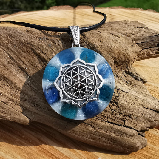 Orgone Anhänger STÄRKE mit Apatit & Kyanit Lebensblume