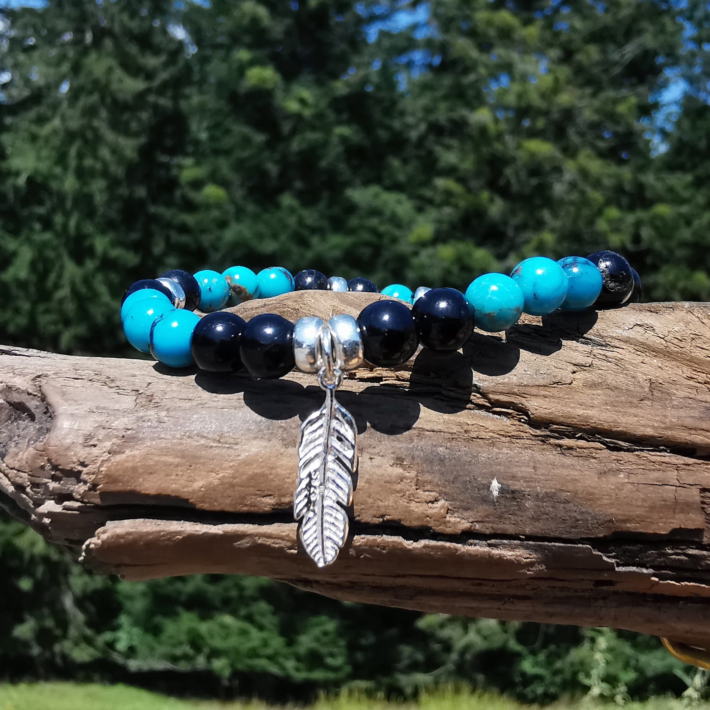 Heilstein Armband SCHUTZ & SEELENFRIEDEN Arizona Tükis Schwarzer Tumalin Feder Charm 6mm Kugeln