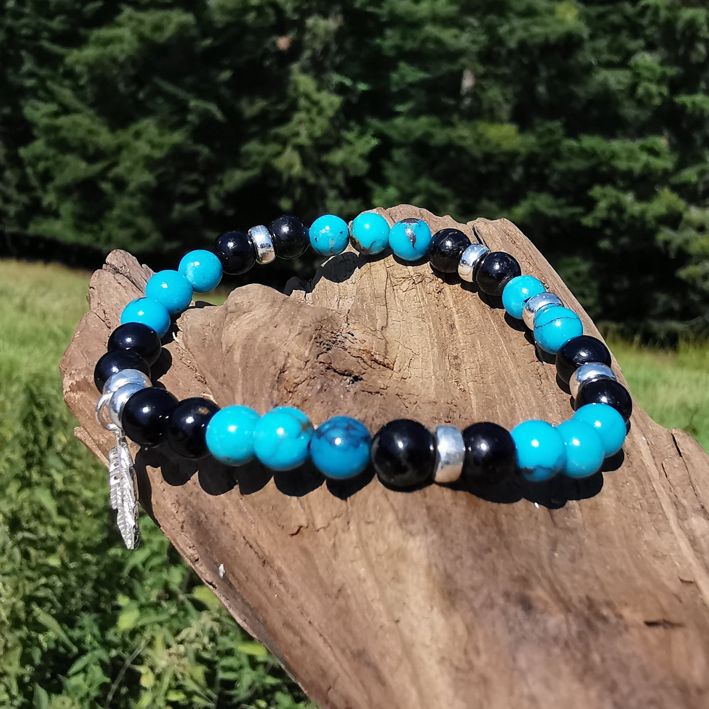 Heilstein Armband SCHUTZ & SEELENFRIEDEN Arizona Tükis Schwarzer Tumalin Feder Charm 6mm Kugeln