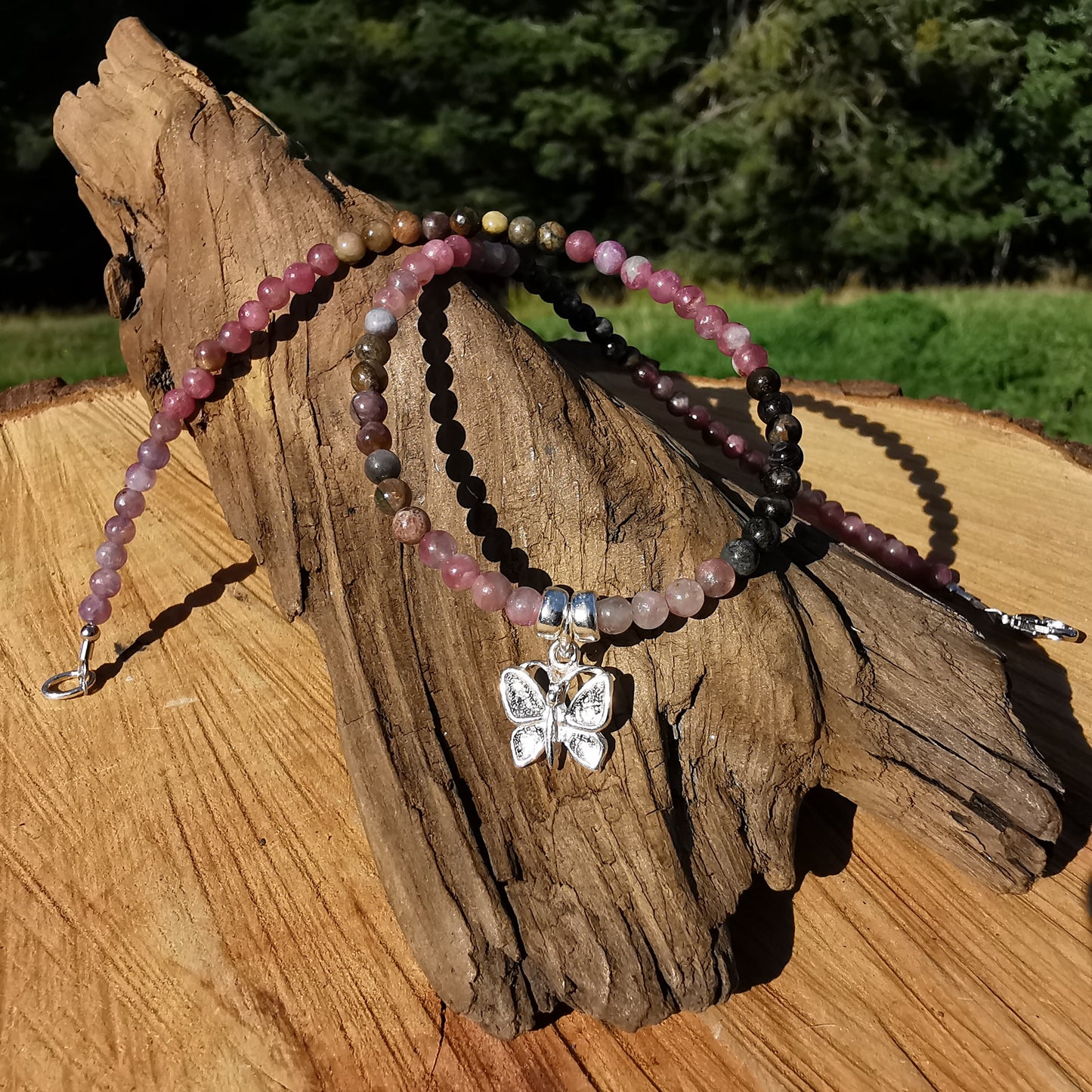 Heilsteinkette GOOD VIBES mit Turmalinen S925 Schmetterling 38cm 4mm Kugeln