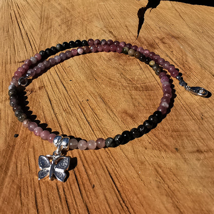 Heilsteinkette GOOD VIBES mit Turmalinen S925 Schmetterling 38cm 4mm Kugeln