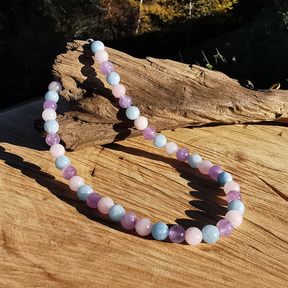 Heilsteinkette HARMONIE VERTRAUEN FRIEDEN Rosenquarz Amethyst Aquamarin 8mm Kugeln S925