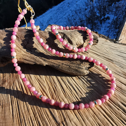 Heilsteinkette mit Armband LIEBE & GLUECK UNIKAT S925vergoldet mit Rhodochrosit & Rubin in Extraqualität 39-42cm und 17-20cm
