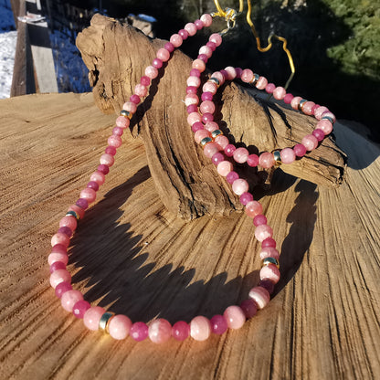 Heilsteinkette mit Armband LIEBE & GLUECK UNIKAT S925vergoldet mit Rhodochrosit & Rubin in Extraqualität 39-42cm und 17-20cm