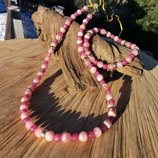 Heilsteinkette mit Armband LIEBE & GLUECK UNIKAT S925vergoldet mit Rhodochrosit & Rubin in Extraqualität 39-42cm und 17-20cm