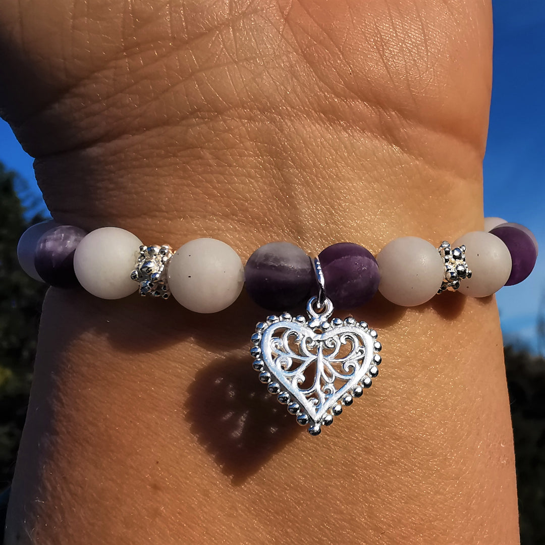 Edelstein Armband HARMONIE & INNERER FRIEDEN Amethyst Bergkristall Rosenquarz Herz Charm S925 8mm