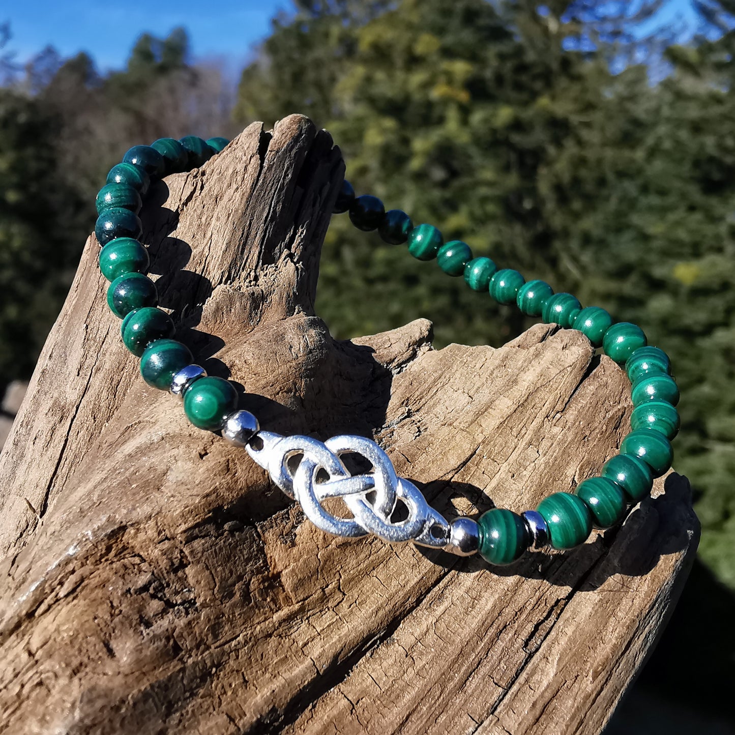 Armband NEUBEGINN Malachit keltischer Flechtknoten aus S925 4.5mm Kugeln
