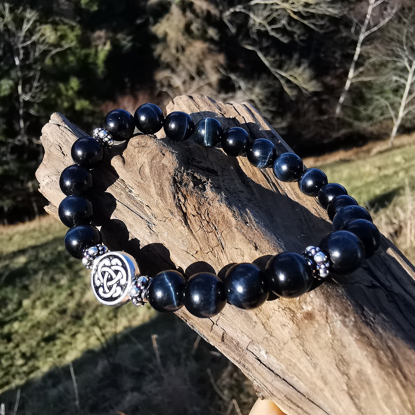 Heilstein Armband MUT mit FALKENAUGE S925 keltisch 8mm Kugeln