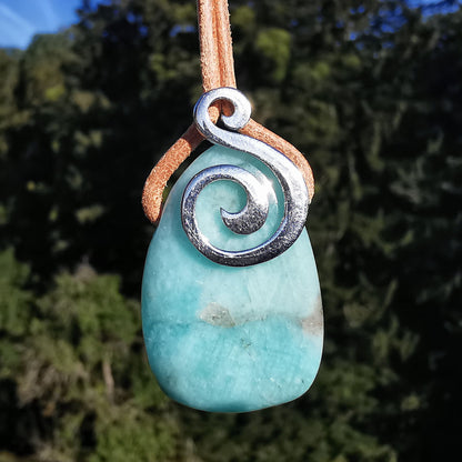 Amazonite pendant drilled with a hanger spiral S925 & leather cord (2)